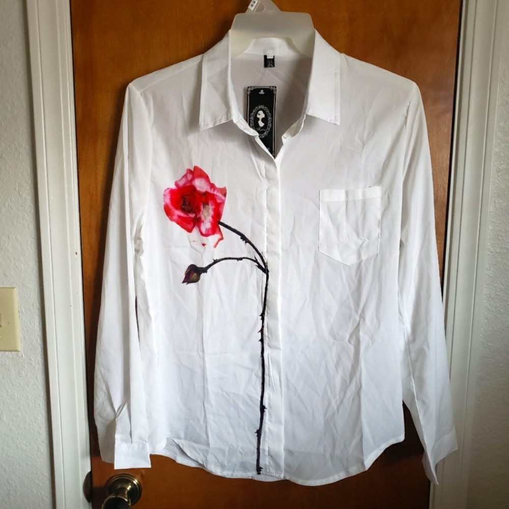 Nwt SAMPLE TEXT WHITE LS BUTTON DOWN SHIRT w embellished rose/rosette print